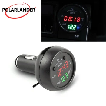 Автомобилен термометър часовник USB зарядно за мобилен телефон LED цифров термометър за кола зарядно напрежение метър часовник време 4In1