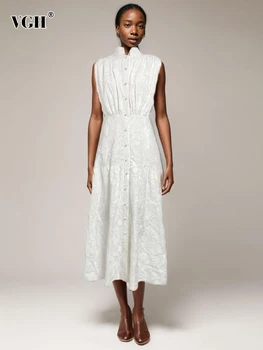 VGH Твърди бродерия елегантни рокли за жени стойка яка без ръкави висока талия снаждане бутон минималистичен стил женски стил
