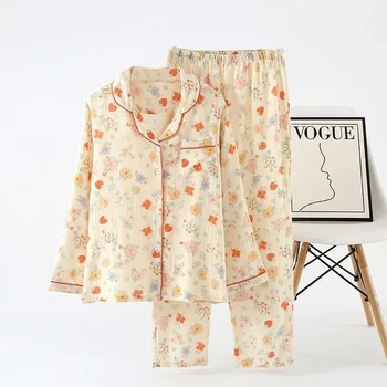 Японски нови дами пролет и лято памук креп пижами две части дълги ръкави панталони сладък цвете печат дома услуга комплект