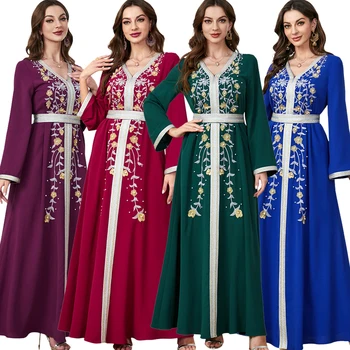 Есенна бродерия Ейд мюсюлманска парти рокля за жени Jalabiya Abaya Рамадан дълги рокли Abayas жена дантела нагоре Кафтан Vestidos роба
