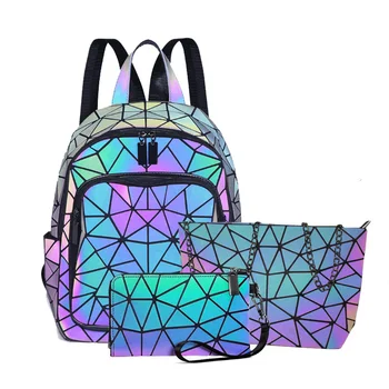 Комплект геометрични раници чанта женски чанти за рамо раница портмонета 3бр жени светеща раница училище холографски обратно пакет чанта