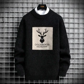 2022 Есен реколта пуловери извънгабаритни мъжки плетени пуловер мъже елен печат пуловер хип-хоп Harajuku бял подплатени кадифе пуловер