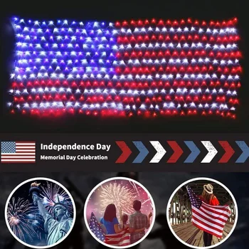  420 LED американски напреднали флаг низ светлини, водоустойчив Led флаг нетна светлина на Съединените щати за ваканционно двор, градина декор