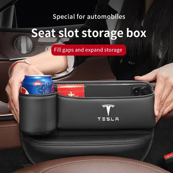 За Tesla Модел 3 Модел Y Модел S Модел X Кожено столче за кола Sewn Gap Процеп слот кутия за съхранение с държач за чаши Авто аксесоари