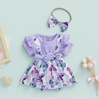 Бебешко бебе момиче боди летни дрехи 2023 къс ръкав гащеризон лък лента за глава пеперуда принцеса облекло бебе предмети неща