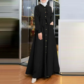 Дамско облекло мюсюлманска мода Abaya рокли кръг врата дълъг ръкав плътен цвят джоб бутон колан мода пролетта