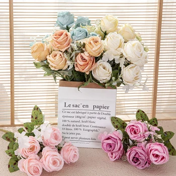 1 букет Изкуствени цветя Декорация на дома Мини розови цветя за сватбена булка букет коприна DIY малки розови цветя цвят