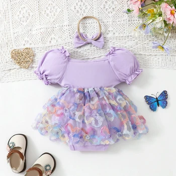 бебе момиче 2 парче комплект Frill подстригване бутер ръкав 3D цвете гащеризон рокля 3D лък лента за глава бебе малко дете летни екипировки