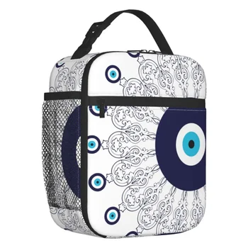 Navy Blue Mediterranean Evil Eye Mandala Pattern Insulated Lunch Tote Bag Bohemian Boho Resuable Cooler Thermal Bento Box Work