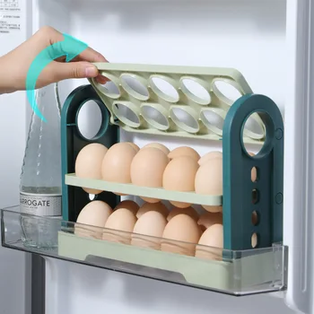 Кутия за съхранение на яйца 3-слойно флип чекмедже Мениджър на яйца Голям капацитет 30-клетъчна яйцеклетка Хладилник Странична тава за яйца Органична материя