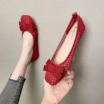 SLTNX 2023 Летни нови лък червени сватбени обувки квадратни плоски обувки френски елегантни висок клас плоска марля дишащи дамски обувки.