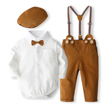 Baby Boys 3Pcs джентълменски екипировки комплект дълъг ръкав ръкав папийонка гащеризон Suspender панталони шапка комплект бебе момчета дрехи комплект