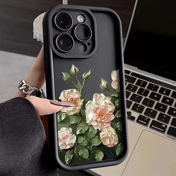 Маслена живопис бял роза цвете силиконов телефон случай за iPhone 11 случаи iPhone 12 13 14 15 Pro Max XS X XR 7 8 Plus SE 2020 капак