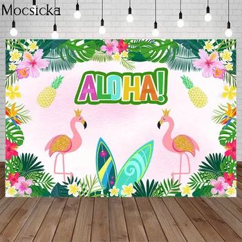 Mocsicka Summer Flamingo Aloha Party Фон Тропически цветя Плодови листа Фон Хавайски Луау Рожден ден Декор Фото студио