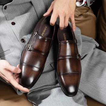 Удобни официални мъжки обувки от естествена кожа Двойна монашеска каишка черна кафява мъжка модна рокля обувки Сватба Оксфорд обувки за мъже