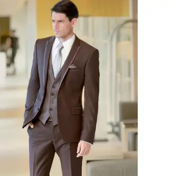 Официален бизнес отдих кафяви мъже костюми 3Pcs (яке + панталони + жилетка + вратовръзка) Нови поръчкови висококачествени панталони за коледно парти