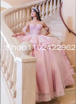 Балет Розова принцеса Quinceanera рокли 2023 Gillter Puffy пола от рамото дантела нагоре корсет Prom vestidos de 15 años verde