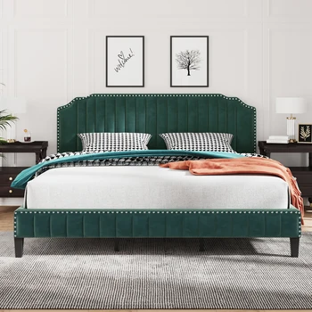 Green King/Queen/Full Size Modern Velvet Curved Upholstered Platform Bed Solid Wood Frame Nailhead Trim[US-W]