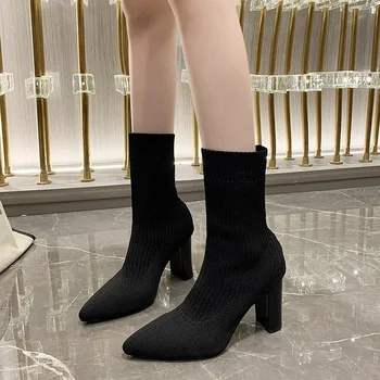 Дамски обувки в продажба 2023 Висококачествени приплъзване по средата на caif модерни ботуши зимни твърди заострени пръсти Pu кожа на открито Zapatos Mujer