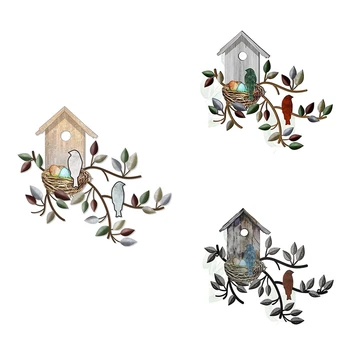 Метално висящо дърво с стена на къщичка за птици Външен стенен декор Декорации за птици за дома Метален декор за стена на листа