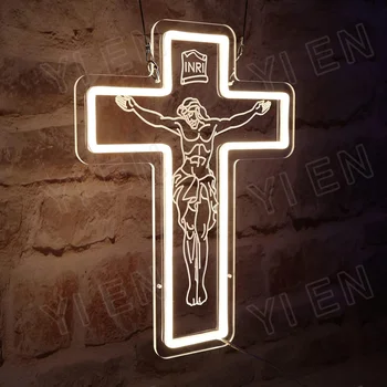 3D Исус кръст неонов знак, топло бял Исус кръст LED неонова светлина, ръчно изработена 3D гравиране Исус кръст лампа за приятел семейство, Easte