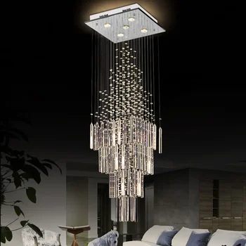 Модерен кристален полилей за хол Колонна кристална висяща лампа Квадратна основа Осветително тяло Стълбище Loft полилеи