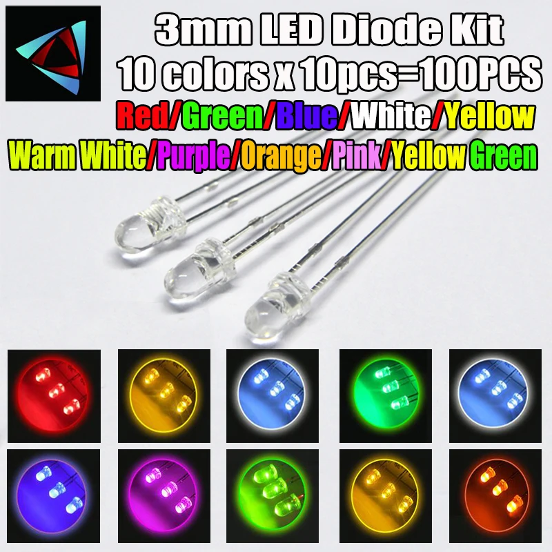 100pcs (10 цвята x 10pcs) 3mm LED диоден комплект 3 mm 3V комплект светлина, излъчваща топло бяло зелено червено синьо жълто оранжево лилаво UV розово