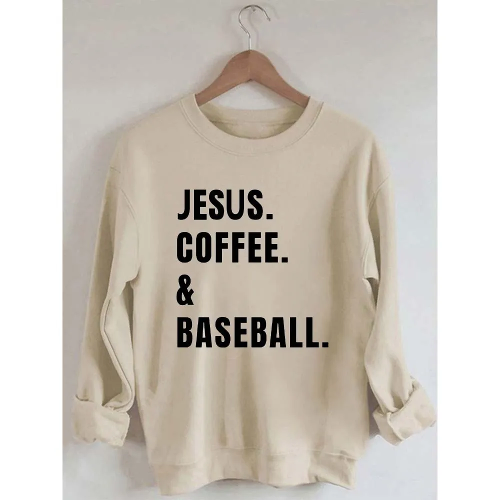 Rheaclots Жените Исус кафе & бейзбол отпечатани памук женски сладък дълъг ръкав суитчър
