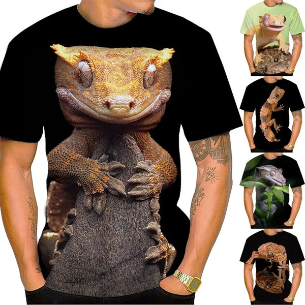 Нова мъжка тениска Смешни гребенест леопард гекон 3D печат случайни мода лято животински гущер печат унисекс къс ръкав върховете