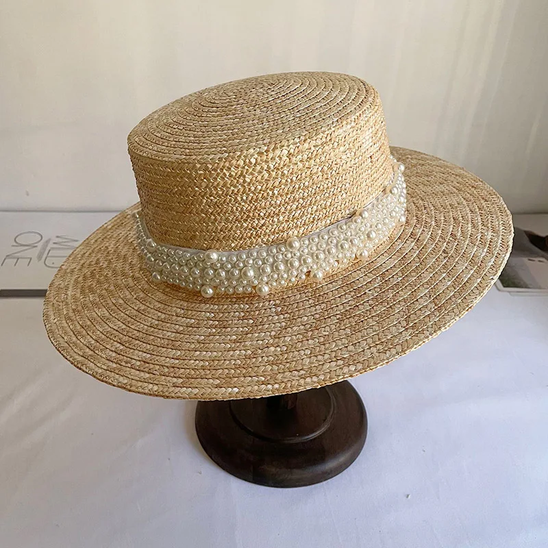 Ръчно тъкани жени перли лента лято Fdora лодка шапка ваканция плаж сламена шапка Хепбърн стил лято слънце шапка Кентъки дерби църква